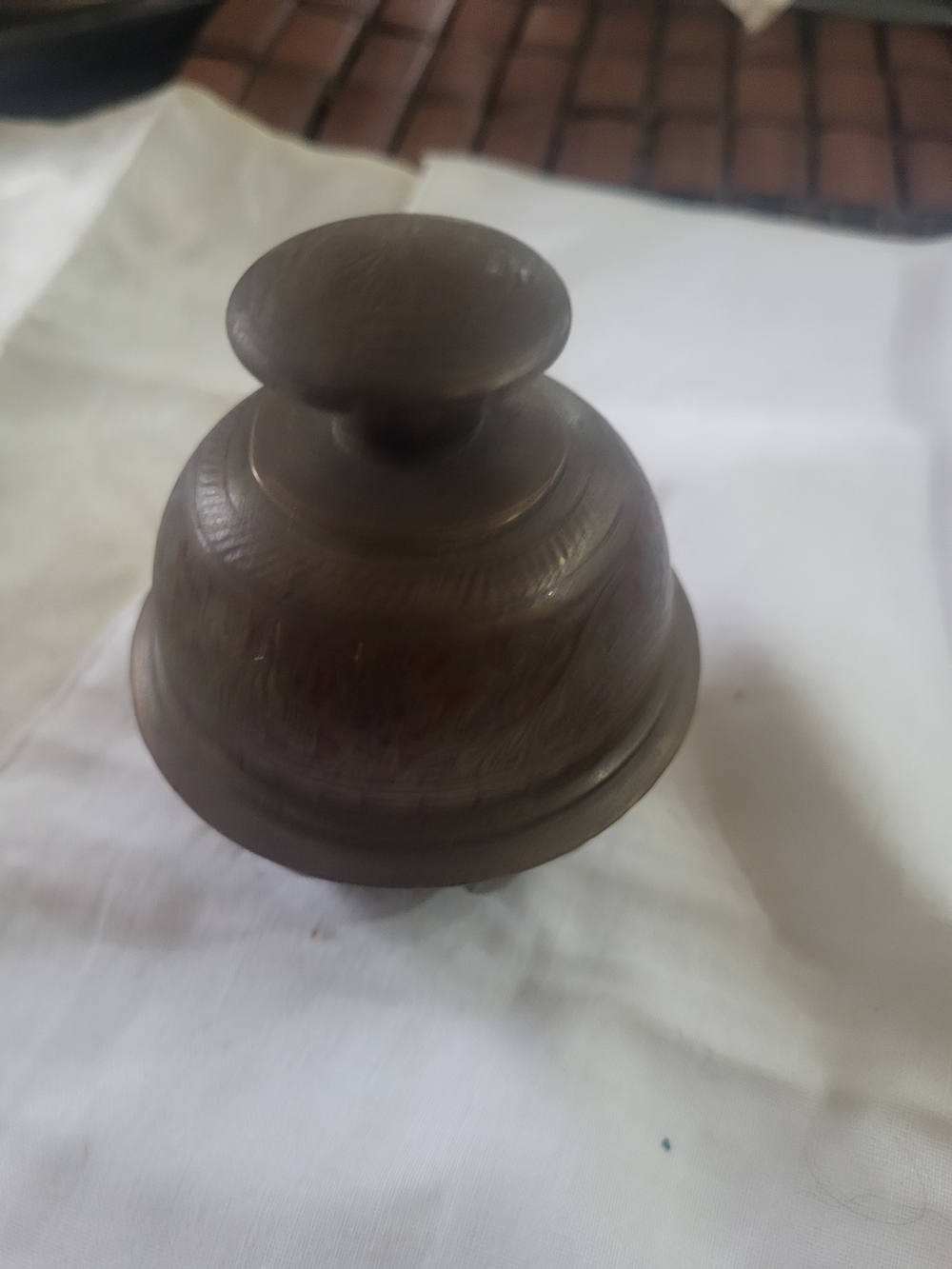 Vintage Brass Elephant Claw Bell: Red Enamel Floral Etched Sanctuary Bell